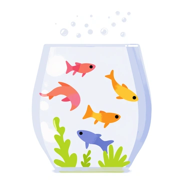 A group of colorful guppies swimming gracefully in a clear glass tank. The guppies display a variety of vibrant colors, including orange, blue, and yellow. They are surrounded by a cloud of small transparent bubbles rising to the surface. The light reflects off the glass, creating sparkles in the water. Some aquatic plants are positioned at the bottom of the tank, adding greenery to the scene.