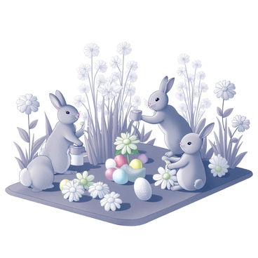 A garden filled with various types of flowers in full bloom. Among the flowers, several bunnies are present, busily tending to the plants. One bunny is using a small watering can to water a cluster of vibrant blooms, while another is carefully arranging flowers in a neat row. In various spots throughout the garden, colorful eggs are cleverly hidden among the foliage and flowers. Some bunnies are peeking out from behind the plants, their ears perked up, as they look for the best hiding places for the eggs. The scene captures a playful and lively atmosphere in the garden.