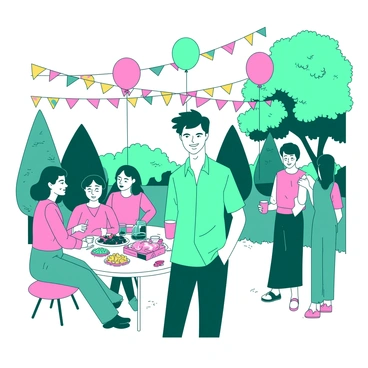 A teal host with a bright smile is standing in the center of a garden party, engaging warmly with guests. The host is wearing a light-colored shirt and is holding a drink in one hand. Around them, guests are gathered, chatting and laughing. Colorful balloons in pink and yellow float above the guests, while vibrant streamers in the same colors hang between trees, adding to the festive atmosphere. A table adorned with snacks and beverages is set nearby, enhancing the cheerful vibe of the gathering.