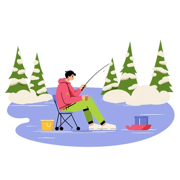 A person wearing a bright red jacket is sitting on a small folding chair while ice fishing on a frozen lake. The ice is glistening under a clear blue sky. Snow-covered evergreen trees surround the lake, their branches heavy with white snow. The person has a fishing rod in hand, and there are a few colorful ice fishing gear items scattered nearby, including a blue bucket and a small red sled. A gentle breeze causes the person's hair to flutter slightly, bringing a sense of tranquility to the scene.