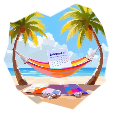 A hammock is strung comfortably between two tall palm trees with lush green fronds swaying gently in the breeze. The hammock is woven with vibrant colors, displaying intricate patterns. Nestled within the hammock is a calendar page prominently showing the words "Retirement Day" written in bold letters. The calendar is slightly folded, suggesting it has been eagerly anticipated. The background features a clear blue sky, with a few fluffy white clouds drifting lazily by. The sand below is warm and inviting, scattered with small seashells and vibrant beach towels.