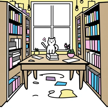A cozy library filled with wooden bookshelves lined with books of various sizes and colors. Sunlight streams through a large window, casting soft shadows on the floor. In the center of the room, there is a sturdy wooden desk, cluttered with open books and scattered papers. A "lucky cat" statue, with a white coat and a raised paw, sits prominently on the desk, surrounded by a few small potted plants. The atmosphere is inviting, with a warm, comforting ambiance created by the rich tones of the wood and the gentle light.