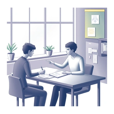 A tutor is seated at a wooden desk, engaged in explaining a math problem to a student. The tutor is pointing at a notebook filled with mathematical equations. The student is sitting across from the tutor, looking attentive while holding a pencil. The study space has large windows allowing natural light to flood in. There are shelves filled with books in the background, and a couple of potted plants are placed on the windowsill. A colorful bulletin board is visible behind the desk, displaying notes and educational materials.