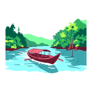 A traditional long-tail boat is gliding smoothly along the Ping River. The boat is painted in vibrant colors, reflecting its cultural significance. On either side of the river, there are lush green landscapes filled with tropical trees and vibrant foliage. The sunlight filters through the leaves, creating dappled patterns on the water's surface. In the distance, soft hills frame the scene, adding depth to the tranquil environment. The boat's wake gently ripples behind, enhancing the sense of movement through this serene setting.