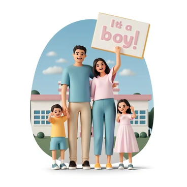 A joyful family holding a 'It's a boy!' sign in front of the hospital.