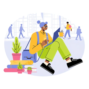 A modern nomad sitting on a sidewalk, wearing a comfortable, casual outfit with a backpack resting beside them. The individual has a laptop open on their lap and a steaming cup of coffee in hand. Various belongings, including a rolled-up sleeping mat, a colorful blanket, and a stack of books, are scattered around them. A few potted plants are placed nearby, adding a touch of greenery to the scene. The background features a bustling city street with pedestrians walking by and buildings rising in the distance.