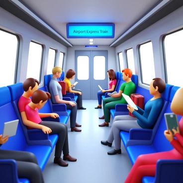 A view from inside an airport express train. Several passengers are seated comfortably, with some reading books and magazines. Others are leaning back in their seats, appearing relaxed. The interior of the train features modern seating and large windows showing glimpses of the passing scenery. Light streams in from the windows, illuminating the passengers. A few individuals are using electronic devices, while others have luggage stored in overhead compartments. "Airport Express Train" is displayed on a digital screen above the entrance.