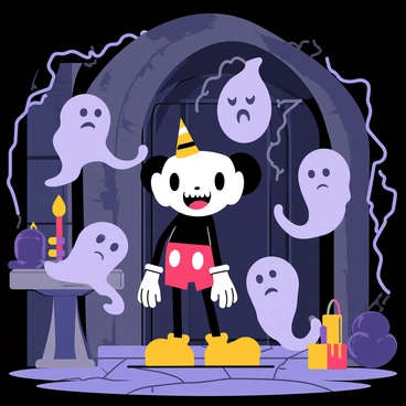 Cuphead stands in a dimly lit haunted castle, surrounded by swirling spooky ghosts with translucent bodies and mischievous expressions. The walls of the castle are adorned with cobwebs, and there's a flickering candlelight casting eerie shadows. A large, ornate wooden door looms in the background, while a cracked stone floor adds to the haunted atmosphere. The ghosts appear to float around Cuphead, adding a sense of playful yet spooky interaction, while a few candles on a nearby table drip with wax.