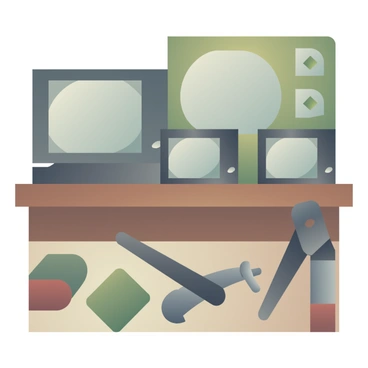 A repair shop filled with disassembled vintage TVs on a workbench, with various tools scattered around, including screwdrivers, pliers, and circuit boards.