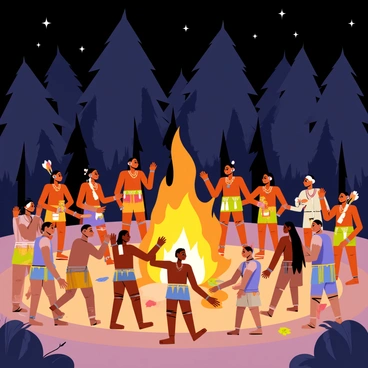 A group of tribal members gathered around a large bonfire at night. The bonfire emits bright orange and yellow flames, illuminating the faces of the participants. Some individuals wear traditional clothing adorned with feathers and beads. A few are holding handmade drums, while others are dancing in rhythmic movements. Surrounding the fire, there are tall trees creating a natural backdrop, and the ground is scattered with leaves and small stones. The stars twinkle in the night sky, enhancing the atmosphere of the ritual.