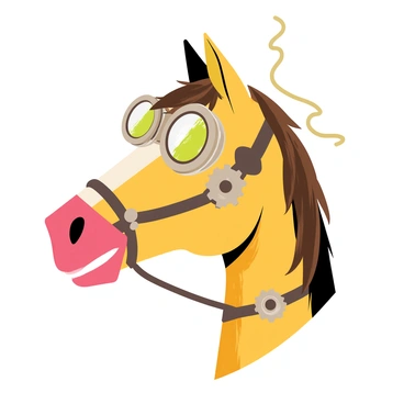 A horse head crafted from metallic textures, showcasing intricate steampunk elements. The horse has large, round goggles perched on its forehead, reflecting light with a shiny finish. Gears of various sizes and shapes are embedded within the mane and along the jawline, adding a mechanical aesthetic. The overall color scheme includes brass, copper, and hints of dark brown, giving the horse an aged, industrial look. Small steam vents emit puffs of vapor from the sides, enhancing the steampunk theme.