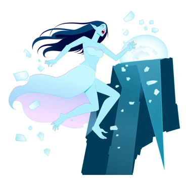 A banshee with pale skin and glowing green eyes floats above a rocky cliff. Her long hair, dark and ethereal, billows dramatically in the wind. She has a flowing white dress that appears to shimmer as it moves. The cliff plunges into a dark abyss below, adding an ominous atmosphere to the scene. The banshee's mouth is open wide, emitting a mournful wail that resonates through the air. A mist swirls around her, enhancing the ghostly presence she embodies.
