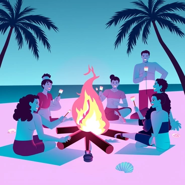A scenic beach bonfire surrounded by several people enjoying the warmth of the flames. The bonfire is large, with bright, flickering flames dancing and casting a warm glow on the faces of the individuals around it. Some people are sitting on blankets, while others stand close to the fire. They are all roasting marshmallows on long sticks, smiling as they watch the treats brown over the fire. The sky is a deep blue as dusk approaches, and the silhouette of palm trees can be seen against the fading light. The sand is light-colored, with some scattered seashells and beach towels nearby.
