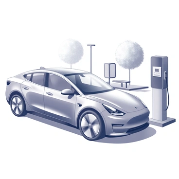 An electric car is parked at a charging station. The car has a sleek, modern design with smooth curves and a streamlined profile. A charging cable is plugged into the car’s charging port, connecting it to the charging station. The charging station features a digital display showing the charging status. In the background, a rest stop area is visible with benches, trees, and a small café structure. The sun is shining overhead, casting soft shadows on the ground.
