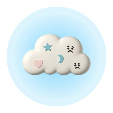 A fluffy white cloud with soft, rounded edges floats in a bright blue sky. The cloud has various dreamy shapes, including a star, a crescent moon, and a small heart, each with distinct sad faces. The faces show downturned eyes and frowning mouths, conveying a sense of melancholy. The cloud appears to gently drift away, creating a serene juxtaposition with the lively blue backdrop.