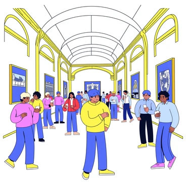 A historic gallery with high arched ceilings and elegant columns. The walls are adorned with classical paintings in ornate frames. Groups of people are scattered throughout the gallery, standing close together while softly whispering to each other. Some individuals hold small notepads, jotting down their thoughts. The light filtering through large windows creates a warm atmosphere, illuminating the intricate details of the artwork.