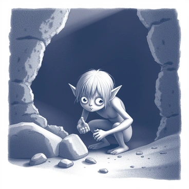 A dark cave with rough, jagged walls and scattered rocks on the ground. "Gollum" is depicted crouching low, partially hidden in the shadows. His large, "curious eyes" are wide open, glinting in the dim light as he peers out from his hiding spot. His thin, bony hands clutch the edge of a rock, while his wiry hair falls around his face. The atmosphere of the cave is dense and oppressive, with a slight mist hanging in the air, adding to the sense of mystery.