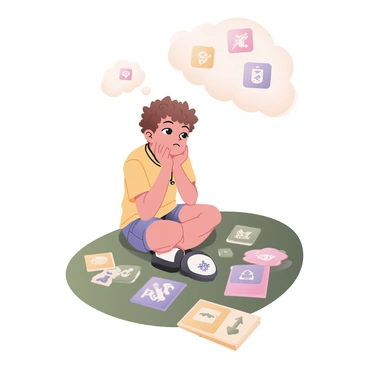 A child is sitting on a grassy field, deep in thought. The child has curly brown hair and is wearing a bright yellow t-shirt and denim shorts. Around the child, there are colorful SudLife documents scattered on the ground like stepping stones, each featuring different career paths. Some documents display images of a doctor with a stethoscope, a chef with a hat and apron, an astronaut floating in space, and an artist with a palette. The child gazes upwards at a sky filled with fluffy white clouds shaped like various professions, such as a firefighter, a teacher, and a scientist. The scene conveys a sense of curiosity and imagination.
