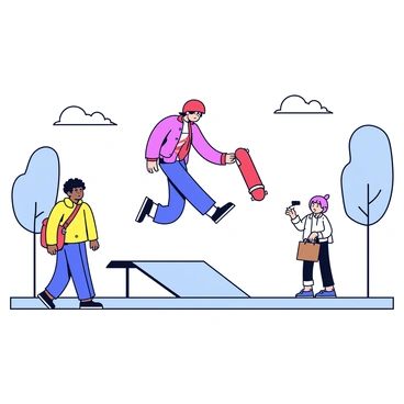 A skateboarder performing a trick, almost colliding with a pedestrian on the sidewalk.