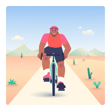 A cyclist with a sun-kissed complexion is pedaling quickly through an expansive desert landscape. He is wearing a bright red helmet and a matching cycling jersey with black shorts. The sandy terrain stretches endlessly ahead, dotted with sparse vegetation and occasional cacti. In the background, a few gently rolling dunes rise against the horizon. The sky above is clear and blue, with a few wispy clouds scattered across it. The sunlight casts distinct shadows on the ground, highlighting the cyclist's determination as he navigates the arid environment.