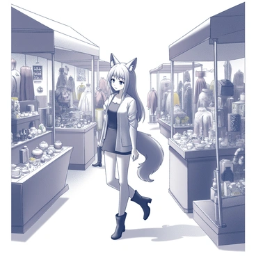 A female character with fox-like features is engaged in browsing at a vintage market. She has long, flowing hair and is wearing a stylish outfit that blends modern and traditional elements. The market is bustling with various stalls, each displaying an assortment of vintage items such as colorful fabrics, antique trinkets, and handcrafted goods. There are displays of old-fashioned jewelry, retro clothing, and unique collectibles. The atmosphere is lively with other market-goers interacting and exploring the various offerings. Sunlight filters through the awnings of the stalls, casting playful shadows on the ground.