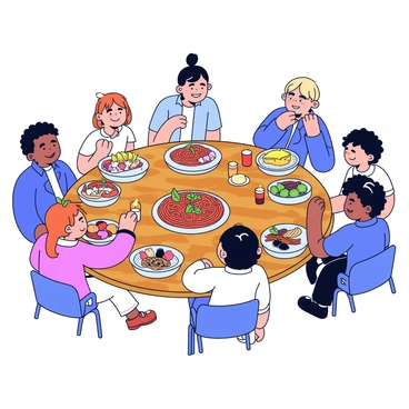 A family gathered around a large wooden table, filled with an array of Mediterranean dishes. In the center of the table, there is a large bowl of spaghetti topped with a rich tomato sauce and fresh basil. Surrounding the pasta are several smaller bowls filled with olives, feta cheese, roasted peppers, and grilled vegetables. The family members are smiling and engaging with each other, while a few plates are filled with their individual portions of food. The table is adorned with a colorful tablecloth and candles flickering softly, creating a warm atmosphere.