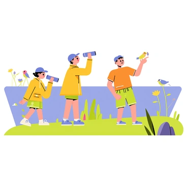 A group of three children, two boys and one girl, are standing on a grassy bank of a wetland. Each child is holding a pair of binoculars up to their eyes, focused on different areas of the water. The girl has curly hair and is wearing a bright yellow raincoat, while one boy has a blue cap and is dressed in green shorts. The other boy, wearing an orange t-shirt, points excitedly towards a cluster of reeds. In the background, there is a calm body of water reflecting the blue sky, with patches of lily pads scattered across the surface. Several colorful birds are perched on nearby branches, and a small frog can be seen leaping on a rock at the water’s edge.