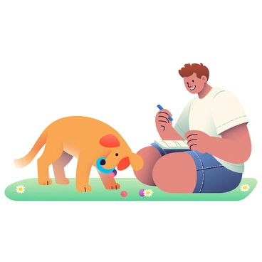 A pet owner with short brown hair is sitting on a grassy lawn, observing their playful dog. The dog is a medium-sized golden retriever, happily chewing on a bright blue rubber toy. The owner is wearing a casual white t-shirt and denim shorts, holding a notebook in their lap with a blue pen in their right hand. There are scattered colorful toys around the dog, and a few daisies can be seen in the grass nearby. The owner is smiling softly, focused on jotting down notes about the toy’s durability and the dog's reaction.