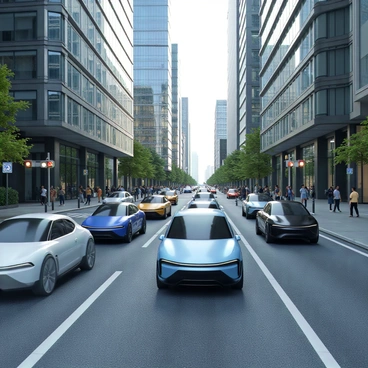 A street lined with modern, sleek self-driving cars in various colors, including silver, black, and blue. Each car features a streamlined design with large windshields and minimalistic exteriors. The vehicles are moving smoothly along clearly marked lanes, with a few stopping at traffic signals. Surrounding the street are tall buildings with glass facades, reflecting the cars as they pass by. Pedestrians are seen waiting at crosswalks, while a few are walking on the sidewalks. The scene captures the essence of advanced urban transportation.