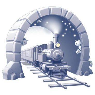 An old steam train is moving steadily through an arching tunnel. The interior of the tunnel is adorned with sparkling lights that twinkle like stars, illuminating the space with a soft glow. Various whimsical creatures can be seen peering from the tunnel walls and along the tracks, their expressions filled with curiosity. The train emits a plume of steam as it travels, adding to the enchanting atmosphere. The tunnel's structure features intricate stone carvings and organic shapes that enhance the magical feel of the scene.