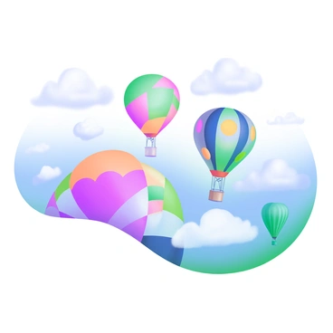 A modern pastel illustration of "colorful hot air balloons" rising into the "sky." The balloons are in various bright colors, with patterns like stripes and polka dots. They are surrounded by "fluffy vapor clouds" that appear soft and wispy, adding a sense of lightness to the scene. The background features a gradient blue sky that gradually lightens towards the horizon, enhancing the uplifting feeling of the image.