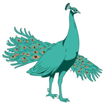 A teal peacock is standing proudly with its feathers fully extended, showcasing an array of intricate color patterns. The peacock's body is a vibrant teal color, and the eye-catching feathers feature unique designs in contrasting shades of orange. Each feather is adorned with distinct patterns, resembling small eyes, that shimmer and stand out in the sunlight. The peacock's head is elegantly raised, with a slender neck adding to its majestic posture. The background is softly blurred to emphasize the beauty and detail of the peacock's plumage.