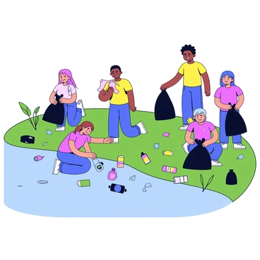 A group of activists wearing brightly colored t-shirts is gathered along a riverbank. They are actively picking up litter and placing it into large, black trash bags. Some activists are kneeling down to reach for items in the grass, while others stand with bags filled with collected trash. Nearby, a clear river flows gently, reflecting the blue sky above. Scattered around the riverbank are various pieces of trash, including plastic bottles and wrappers, emphasizing the need for the cleanup. The activists display expressions of determination and teamwork as they work together to improve the environment.