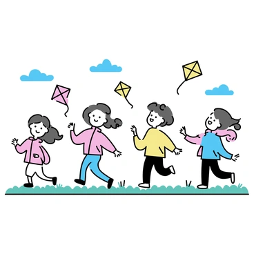 A group of children, wearing colorful jackets, are running across a grassy field on a windy day. Each child is holding a different kite, which are soaring high in the blue sky. The kites are various shapes and colors, including a bright red diamond kite and a yellow rectangle kite. The children are laughing and smiling, their hair blowing in the wind, creating a sense of joy and excitement.