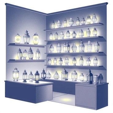 A shop filled with numerous ornate oriental lamps. The lamps feature intricate patterns and designs, with each lamp displaying unique shapes and sizes. The glowing lamps cast an array of colored light patterns on the walls and floor, creating a warm ambiance throughout the shop. Shelves lined with various lamps create a cozy atmosphere, while the soft illumination highlights the craftsmanship of each piece. A wooden counter can be seen in the foreground, showcasing additional lamps for sale.