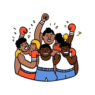 A small group of amateur boxers with varying skin tones huddled closely together in an energetic pose. They are dressed in colorful boxing gear, including red and blue shorts and white tank tops, with hand wraps on their fists. Each boxer has a determined expression on their face, with one boxer raising a fist in the air. They are all engaged in a motivational chant, with mouths open mid-chant, conveying enthusiasm and camaraderie. The background is simple to emphasize their unity and spirit.