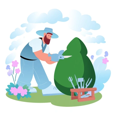 A cheerful gardener is trimming a beautifully shaped hedge using pruning shears. The gardener is wearing a wide-brimmed hat and gardening gloves, with a colorful shirt and sturdy pants. In the background, vibrant flowers in various hues are blooming in neat flower beds. A clear blue sky filled with soft, fluffy clouds is visible above, and sunlight casts gentle shadows on the ground. An array of garden tools is organized nearby on a small wooden table.