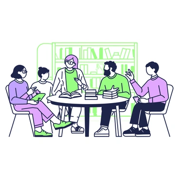 A group of five readers is sitting in a circle in a library. In the center, there is a round wooden table covered with open books and a stack of several more books. Each reader is engaged in discussion. There is a woman with glasses, wearing a blue sweater, who is animatedly speaking while pointing at a book. Next to her, a man with a beard is nodding in agreement, holding a pen and notebook. Across from them, a young woman has her arms crossed, listening intently. A teenage boy is leaning forward with excitement, while an older gentleman is taking notes on his tablet. The library shelves in the background are filled with neatly arranged books.