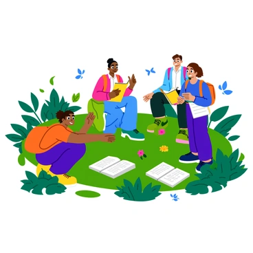 A group of students is gathered outside, surrounded by various green plants and flowers. Some students are crouching down, closely examining the leaves and petals, while others are standing, jotting down notes in their notebooks. The notebooks are open, filled with sketches and observations. The sunlight casts soft shadows on the ground, and a few butterflies flutter around, adding to the lively atmosphere of the outdoor classroom. The students wear colorful clothing, with backpacks resting beside them.