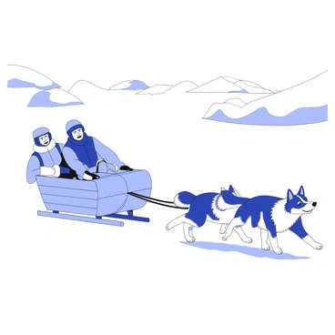 A group of explorers is navigating an icy Arctic landscape on a sled pulled by a team of huskies. The sled is equipped with gear, including packs and ropes, securely fastened to its sides. The huskies, with their thick fur, are energetically pulling the sled, their expressions focused and determined. The explorers, dressed in heavy winter gear, are seated on the sled, some looking ahead while others are adjusting their equipment. The background features vast expanses of white snow, with ice formations and distant mountains faintly visible. The sky above is clear, creating a sense of openness in the frigid environment.