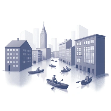 A cityscape featuring buildings with various architectural styles partially submerged in water. The water reflects the structures above, creating a mirrored effect. People can be seen navigating through the streets in boats of different shapes and sizes. Some boats are small, allowing individuals to paddle, while larger boats carry groups of people. The scene displays a sense of activity, with individuals engaging in conversations or navigating their vessels carefully through the flooded streets.