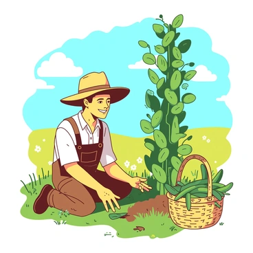 A yellow farmer with a wide smile is kneeling beside a tall green beanstalk in a sunny field. The farmer is wearing a straw hat and overalls, with dirt on their hands as they carefully tend to the beanstalk. Nearby, there is a woven basket filled with fresh green beans, some spilling over the edge. The field is dotted with patches of grass and wildflowers, under a bright blue sky with a few fluffy clouds. The sun casts soft shadows, enhancing the warm atmosphere of the scene.