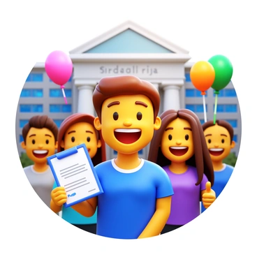A joyful student smiling while holding a "scholarship certificate" in one hand. Surrounding the student are three friends, all displaying expressions of happiness. The group is gathered outside a "university," with modern architecture in the background. There are colorful balloons in the air, and one of the friends is giving a thumbs up. Sunlight creates a warm atmosphere, highlighting their excitement.
