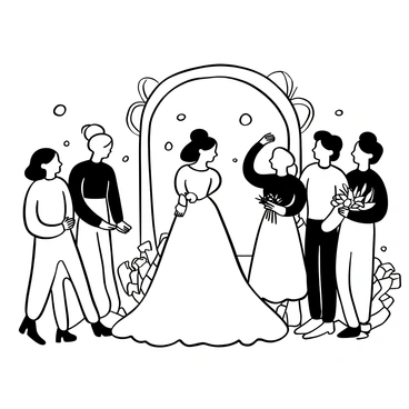 A bride standing in the center, wearing a flowing white gown. Surrounding her are four bridesmaids in matching dresses, each with a different hairstyle, laughing together. One bridesmaid holds a bouquet of flowers. They are in a bright, decorated room filled with wedding decorations. Ribbons and veils are draped around the space, adding to the festive atmosphere. In the background, a large mirror reflects the joyful scene.