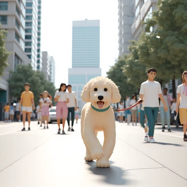 A labradoodle, with a curly, cream-colored coat, is walking on a leash. The dog is trotting happily, with its ears flapping slightly as it moves. The scene is set on a bustling city street filled with people. In the background, there are tall buildings with large glass windows reflecting the sunlight. People of various ages are seen walking, some are looking at their phones while others are chatting. There are trees lining the street and a few parked cars. The atmosphere is lively, capturing the dynamic energy of urban life.
