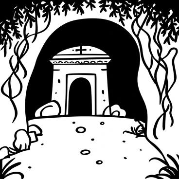 An empty tomb is located deep within a cave, partially obscured by thick, hanging vines that drape down from the rocky ceiling. The tomb, made of weathered stone, has ornate carvings along its sides that hint at its ancient origin. Shadows and contours of the cave create a dramatic atmosphere around it. The ground is uneven and scattered with small stones and pebbles, leading up to the entrance of the tomb, which is slightly ajar, suggesting a sense of mystery and discovery.