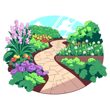 A winding pathway made of cobblestones curves gently through a lush potager. On either side of the pathway, vibrant flowers in various colors bloom abundantly, adding a lively touch to the scene. Among the flowers, rows of healthy green vegetables can be seen, with some bearing colorful produce. The sunlight filters through the leaves of nearby plants, creating dappled light effects along the pathway. The overall atmosphere is one of rich growth and bountiful harvest.