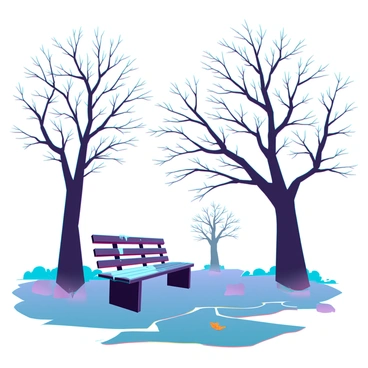A barren park with a gray sky overhead, where the branches of tall, leafless trees stretch upward. The wind creates a chilling atmosphere as it rustles through the branches, causing them to sway slightly. There is a worn-out wooden bench in the foreground, partially covered in frost, and the ground is paved with cracked, uneven stones. In the distance, shadows of other trees loom, adding to the desolate feeling of the park. A few scattered fallen leaves, dry and curled, are blown across the path.