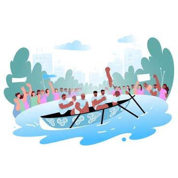 A colorful dragon boat adorned with intricate designs is cutting through the river, creating ripples in the water. Several paddlers in matching uniforms are energetically rowing in sync. The riverbanks are lined with cheering crowds, some holding banners and others waving flags. Colorful clothing and accessories of the spectators add to the lively atmosphere. In the background, trees and buildings frame the scene, while a clear blue sky overhead completes the vibrant setting.