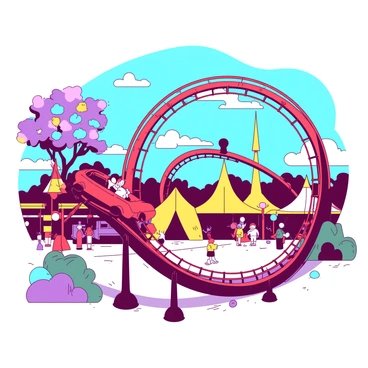 A whimsical illustration of a small car driving along a roller coaster track in a fantasy amusement park